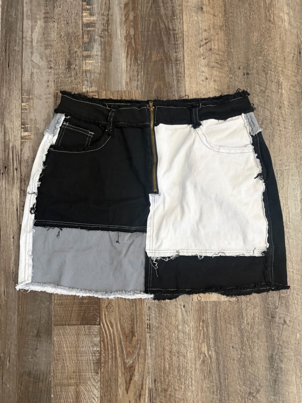 Patchwork Frayed Colorblock Mini Jean Skirt in Black, White & Gray
